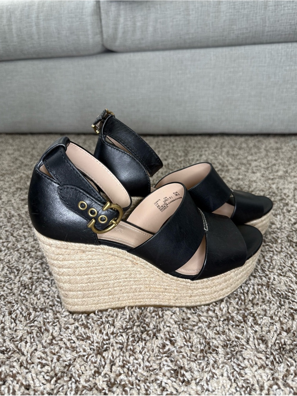 Coach Isla Black Leather Espadrille Wedge Sandal Size 8B